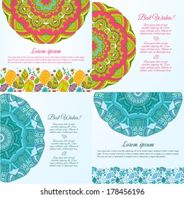 Set of 4 Nice floral greeting cards with leaves for wedding invitation, birthday or other holiday. Colorful template for you design.