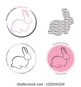 Set of 4 "no animal testing icons".  Animal cruelty/ testing icons with bunny and text "no animal testing"/ "cruelty free" in pink and grey colors.