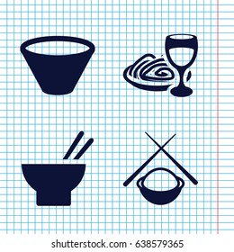 Set of 4 noodle filled icons such as asian food, pasta and wine glass