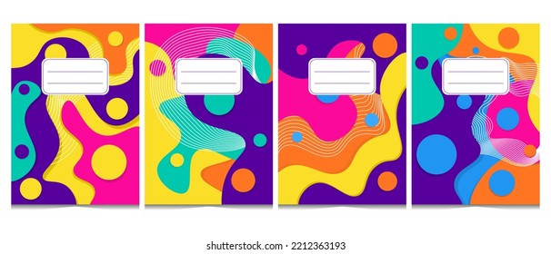 Conjunto de 4 plantillas de portada para portátiles de estilo moderno, en colores vivos. Ilustración de estilo plano con ondas abstractas. Aislado sobre fondo blanco.