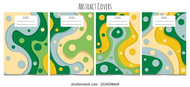 Conjunto de 4 plantillas de portada para portátiles de estilo moderno, en colores vivos. Ilustración de estilo plano con ondas abstractas. Aislado sobre fondo blanco. Fondo vertical A4.