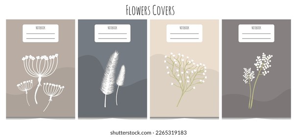 Set of 4 notebook cover templates in trendy minimalism style. White flower and plant in flat style. Abstract waves. Beige and dark-blue color covers. Isolated on white background.