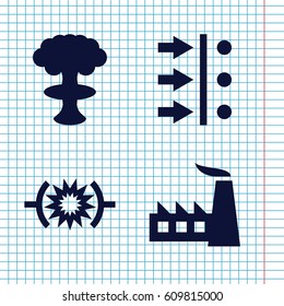 Set of 4 nuclear filled icons such as factory, atom move, pressure