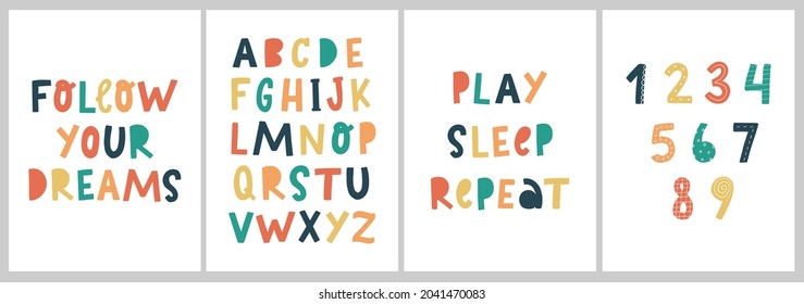 Set of 4 nursery posters with quotes, alphabet and numbers. Good for prints, cards, stickers, kids apparel, education, etc. EPS 10