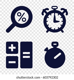 Set of 4 object filled icons such as alarm, percent search, calculator