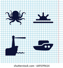 Set of 4 ocean filled icons such as octopus, boat, sun rise