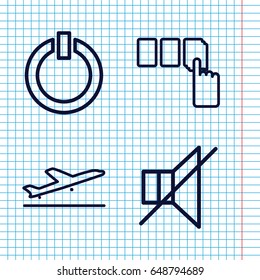 Set of 4 off outline icons such as plane taking off, push button, no sound