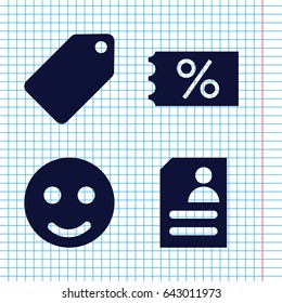 Set of 4 offer filled icons such as tag, resume, smile