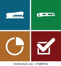 Set of 4 Office filled icons such as cutter, stapler, pie chart