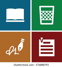 Set of 4 Office filled icons such as ink pen, trash bin, book