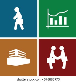 Set of 4 Office filled icons such as documents box, chart, man with case