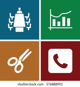 Set of 4 Office filled icons such as chart, meeting, call