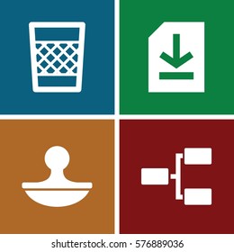 Set of 4 Office filled icons such as file, stamp, trash bin