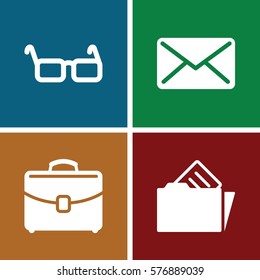 Set of 4 Office filled icons such as case, document in folder, mail