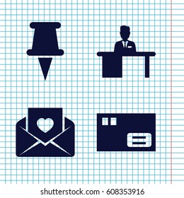 Set of 4 office filled icons such as love letter, pin, man working at the table