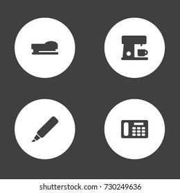 Set Of 4 Office Icons Set.Collection Of Label, Espresso, Phone And Other Elements.