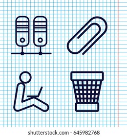 Set of 4 office outline icons such as trash bin, clip, man sitting with laptop