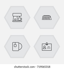 Set Of 4 Office Outline Icons Set.Collection Of Badge Id, Calendar, Coffee Maker And Other Elements.