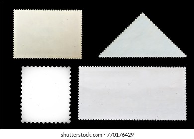 Set of 4 old blank grunge posted stamp different shapes isolated on black background. Template vector illustration for graphic design