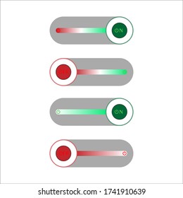 Conjunto de botones de encendido de 4 On Off estilo deslizador con fondo gris, los botones Off están encerrados en círculo rojo y los botones on en círculo verde