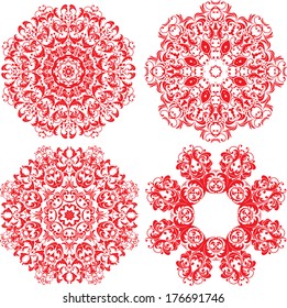 Set of 4 one color round ornaments, Lace floral patterns