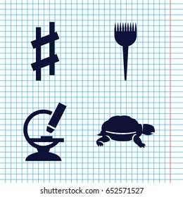 Set of 4 one filled icons such as turtle, barber brush, microscope