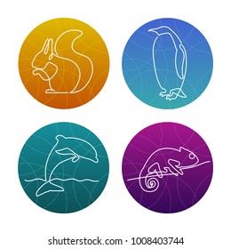 Set of 4 one line animals icons or logos. Squirrel, pinguin, dolphin, chameleon. White lines on bright backgrounds