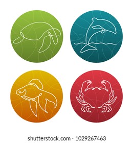 Set of 4 one line sea animals icons or logos. Turtle, gold fish, dolphin, crab. White lines on bright backgrounds