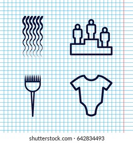 Set of 4 one outline icons such as baby onesie, barber brush, curly hair