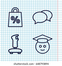 Set of 4 online outline icons such as chat, graduate emoji, joystick