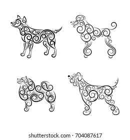 Set of 4 openwork dog silhouettes made of separate lines, spirals and swirls. Symbol of the year 2018. Black and white, easy to recolor. Vector illustration.
