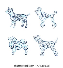 Set of 4 openwork dog silhouettes made of separate lines, spirals and swirls. Symbol of the year 2018. Shades of blue. Vector illustration.
