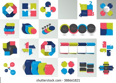 Set of 4 option part charts, schemes, diagrams, flowcharts. Four step by step presentation. Connected text bubbles. Infographic vector.