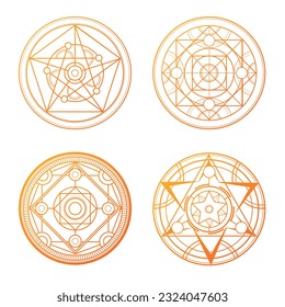 Set of 4 orange magic circles. Mysterious alchemical circles