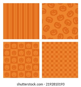 Set of 4 orange seamless patterns for wrapping paper, textile, cards, decoration, banners and other designs related to Halloween. Flat style vector illustration