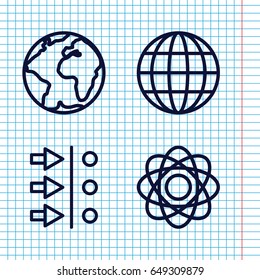 Set of 4 orbit outline icons such as atom, atom move, globe
