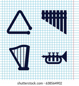 Set of 4 orchestra filled icons such as harmonica, harp, triangle musical instrument