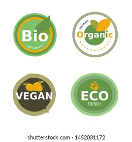Set of 4 Organic, bio, eco and vegan Product or food logo badge in organic tone on white background