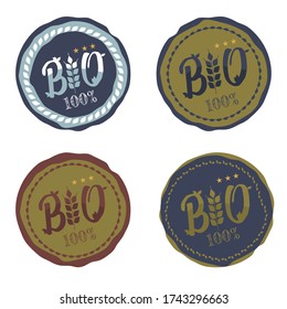 Set of 4 Organic BIO Product or food logo badge or tag in green tone on white background