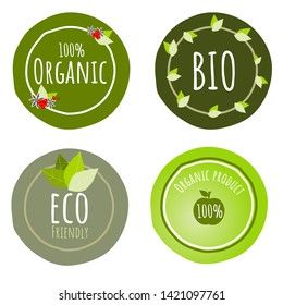 Set of 4 Organic Product or food logo badge in green tone on white background