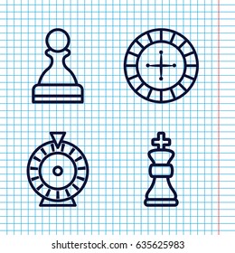 Set of 4 original outline icons such as roulette, chess king