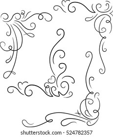 Set of 4 ornamental decorative floral corners. Vector illustration for your design or tattoo.