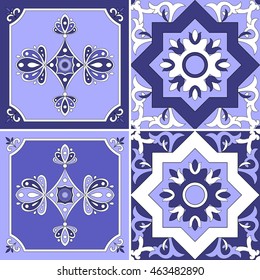 Set from 4 ornamental tile pattern vector blue and white color. Portuguese azulejo, spanish, moroccan, mexican, turkish or dutch tiles design with flowers motifs