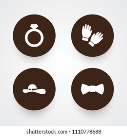 Set of 4 ornamentation icons set. Collection of elegant headgear, ring, wear and other elements.