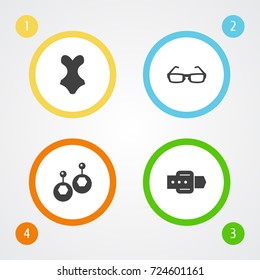 Set Of 4 Ornamentation Icons Set.Collection Of Beachwear, Sunglasses, Eardrop And Other Elements.