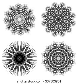 Set of 4 ornate ethnic mandala or festive snowflakes. Monochrome  luxury oriental motif. Fantasy element for design.Vintage black vector illustration.Fantasy symbol on white background.Easy editable.