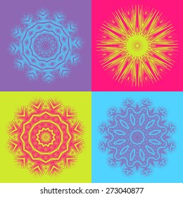 Set of 4 ornate multicolor mandala. Fantasy geometric element for design. Bright colorful oriental motif. Vintage vivid vector illustration.Purple, pink, green and blue symbols.