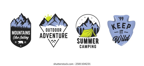 Set of 4 outdoor adventure and camping logos with mountains, tents, typography, and vintage designs. Perfect for hiking clubs, nature explorers, and outdoor branding. Vector illustration