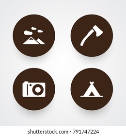 Set Of 4 Outdoor Icons Set.Collection Of Tent, Photo Camera, Wood Axe And Other Elements.