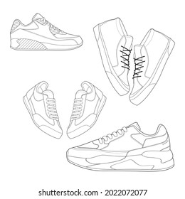 set of 4 outline Cool Sneakers. Shoes sneaker outline drawing vector, Sneakers drawn in a sketch style, sneaker trainers template outline, Set Collection. vector Illustration.